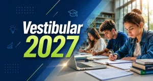 Estudantes estudando e se preparando para o vestibular 2027 em ambiente de aprendizado