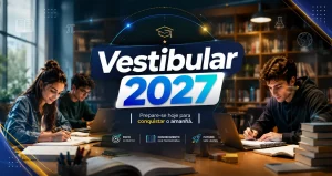 Grupo de jovens estudando juntos para o vestibular 2027 em ambiente de aprendizagem