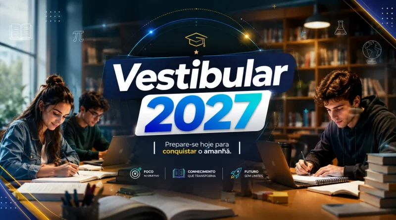 Grupo de jovens estudando juntos para o vestibular 2027 em ambiente de aprendizagem