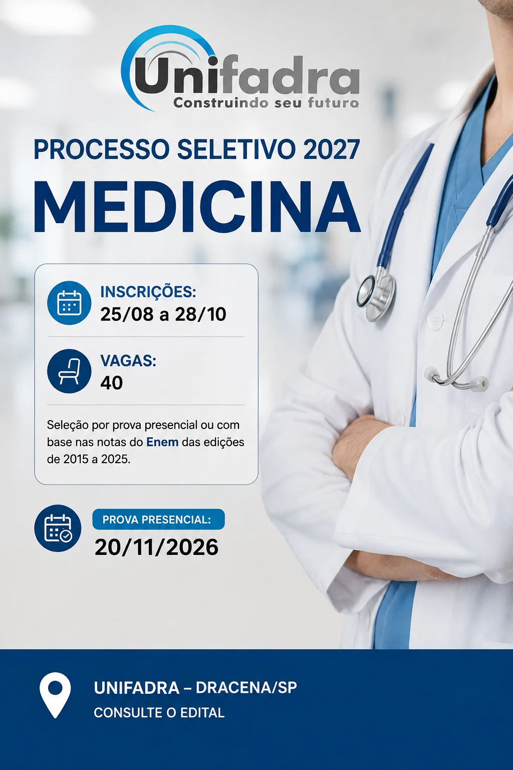 Datas e inscrição Vestibular 2027 Medicina Unifadra (Imagem: IA)